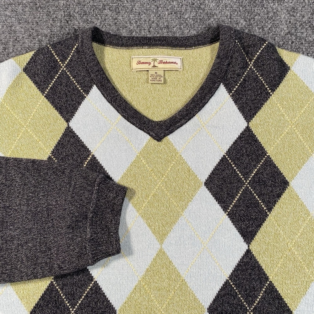 Vintage 90s Tommy Bahama Argyle Pullover V Neck Sweater Mens Medium Wool Blend